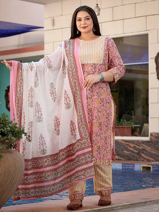 Pink Cotton Ethnic Motif Print Straight Shape Suit Set with Voile Dupatta