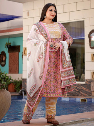 Pink Cotton Ethnic Motif Print Straight Shape Suit Set with Voile Dupatta