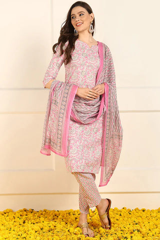 Pink Cotton Floral Print Straight Shape Suit Set with Dupatta