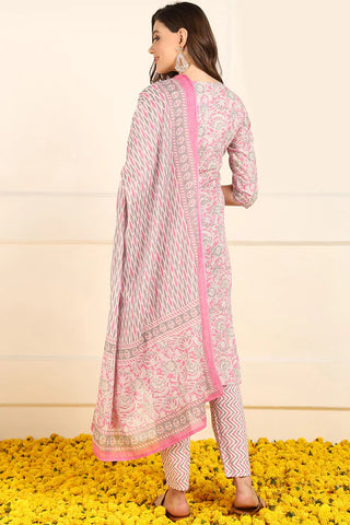 Pink Cotton Floral Print Straight Shape Suit Set with Dupatta