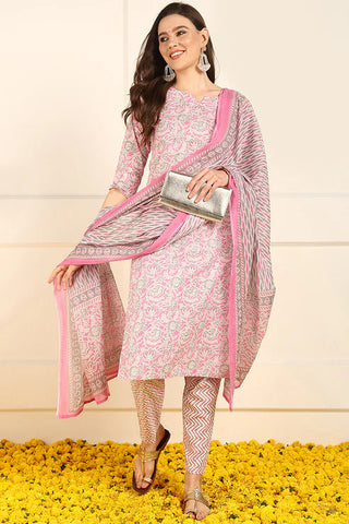 Pink Cotton Floral Print Straight Shape Suit Set with Dupatta