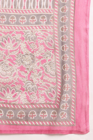 Pink Cotton Floral Print Straight Shape Suit Set with Dupatta