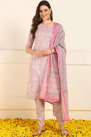 Pink Cotton Floral Print Straight Shape Suit Set with Dupatta