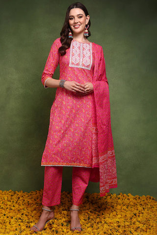 Pink Cotton Paisley Embroidered & Printed Straight Shape Suit Set with Dupatta