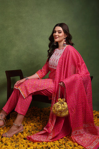 Pink Cotton Paisley Embroidered & Printed Straight Shape Suit Set with Dupatta