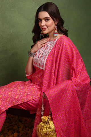 Pink Cotton Paisley Embroidered & Printed Straight Shape Suit Set with Dupatta