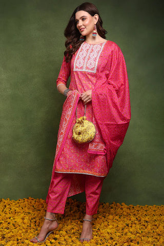 Pink Cotton Paisley Embroidered & Printed Straight Shape Suit Set with Dupatta