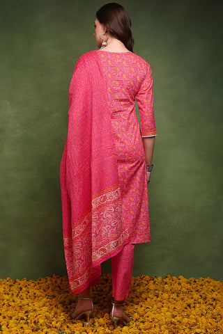 Pink Cotton Paisley Embroidered & Printed Straight Shape Suit Set with Dupatta