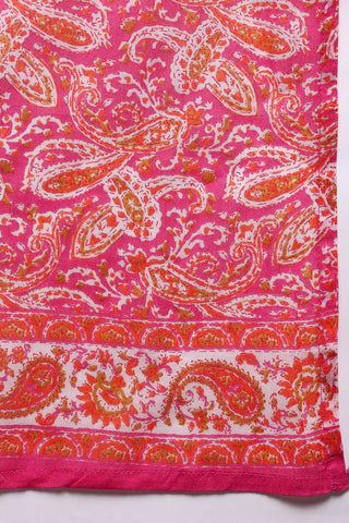 Pink Cotton Paisley Embroidered & Printed Straight Shape Suit Set with Dupatta