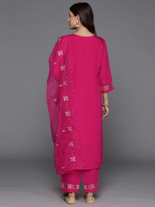 Pink Silk Blend Embroidered Suit Set with Organza Dupatta