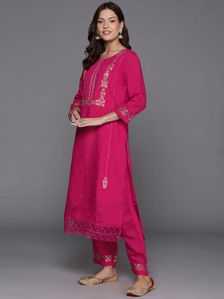 Pink Silk Blend Embroidered Suit Set with Organza Dupatta