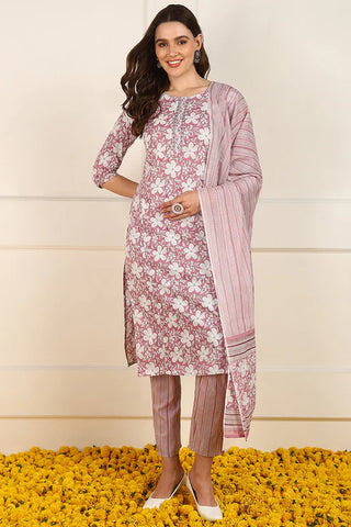 Pink Cotton Floral Print Straight Shape Suit Set with Dupatta