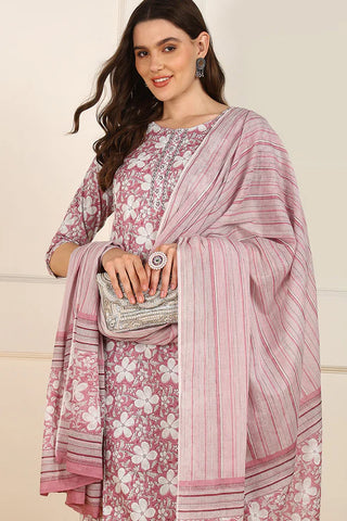 Pink Cotton Floral Print Straight Shape Suit Set with Dupatta