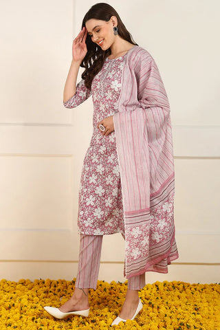 Pink Cotton Floral Print Straight Shape Suit Set with Dupatta