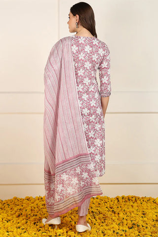 Pink Cotton Floral Print Straight Shape Suit Set with Dupatta