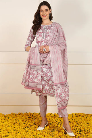 Pink Cotton Floral Print Straight Shape Suit Set with Dupatta