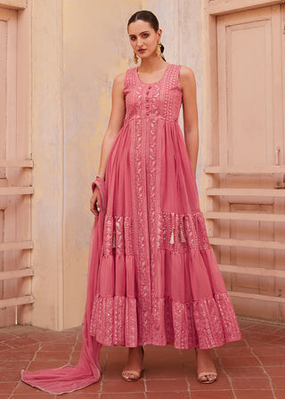 Pink Georgette Zari Embroidered Front Slit Suit Set with Net Dupatta