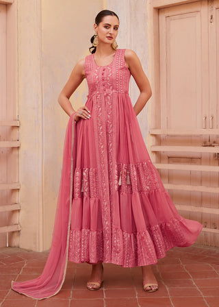 Pink Georgette Zari Embroidered Front Slit Suit Set with Net Dupatta