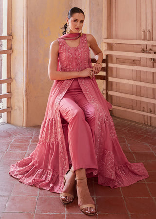 Pink Georgette Zari Embroidered Front Slit Suit Set with Net Dupatta