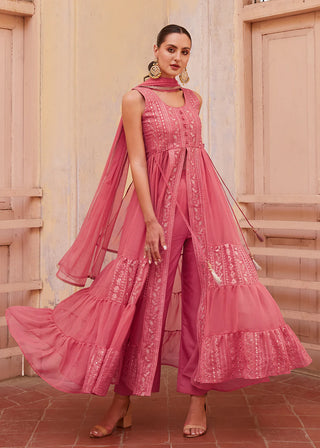 Pink Georgette Zari Embroidered Front Slit Suit Set with Net Dupatta