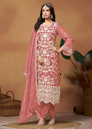 Pink Organza Floral Embroidered, Thread & Sequins Detailing Suit Set with Dupatta