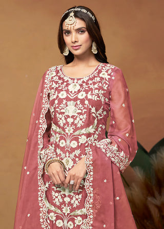 Pink Organza Floral Embroidered, Thread & Sequins Detailing Suit Set with Dupatta