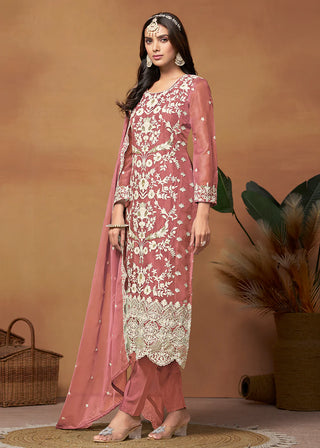 Pink Organza Floral Embroidered, Thread & Sequins Detailing Suit Set with Dupatta