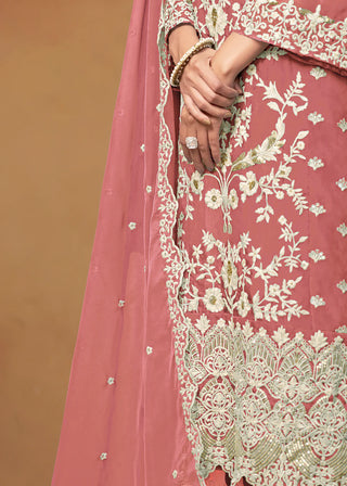 Pink Organza Floral Embroidered, Thread & Sequins Detailing Suit Set with Dupatta