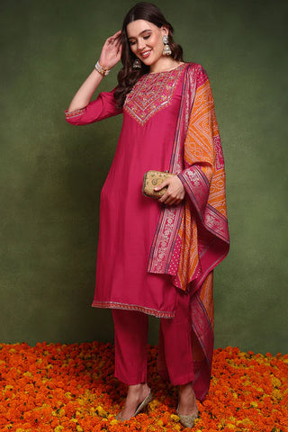 Pink Silk Blend Embroidered Straight Shape Suit Set with Bandhani Print Dupatta