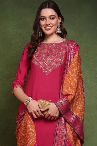 Pink Silk Blend Embroidered Straight Shape Suit Set with Bandhani Print Dupatta