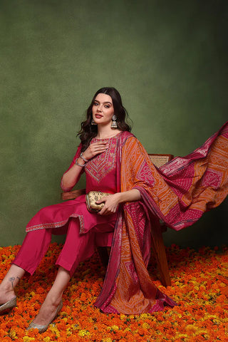 Pink Silk Blend Embroidered Straight Shape Suit Set with Bandhani Print Dupatta