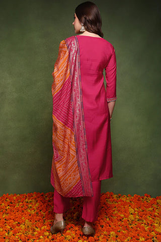 Pink Silk Blend Embroidered Straight Shape Suit Set with Bandhani Print Dupatta