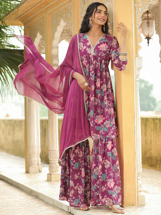 Purple Georgette Floral Print A Line Sharara Set with Chiffon Dupatta