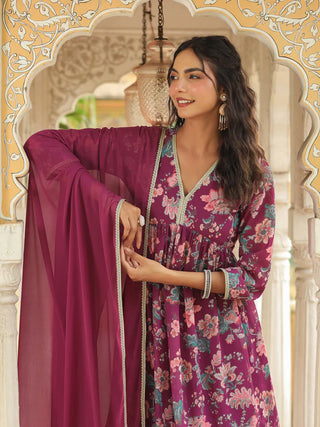 Purple Georgette Floral Print A Line Sharara Set with Chiffon Dupatta