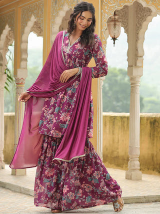 Purple Georgette Floral Print A Line Sharara Set with Chiffon Dupatta