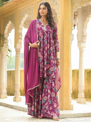 Purple Georgette Floral Print A Line Sharara Set with Chiffon Dupatta