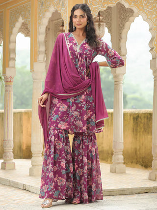 Purple Georgette Floral Print A Line Sharara Set with Chiffon Dupatta