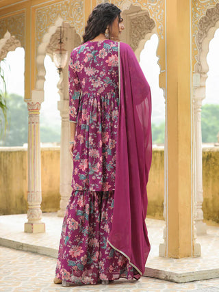 Purple Georgette Floral Print A Line Sharara Set with Chiffon Dupatta