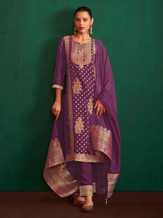 Purple Organza Jacquard Work Kurta Dupatta with Viscose Bottom