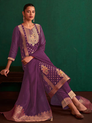 Purple Organza Jacquard Work Kurta Dupatta with Viscose Bottom