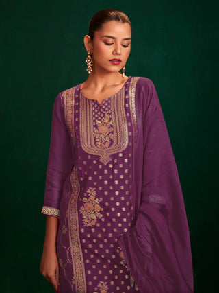 Purple Organza Jacquard Work Kurta Dupatta with Viscose Bottom