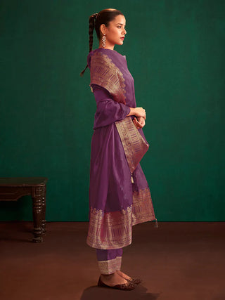 Purple Organza Jacquard Work Kurta Dupatta with Viscose Bottom