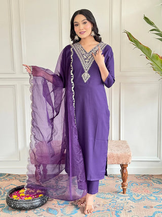 Purple Viscose Rayon Embroidered Suit Set with Organza Dupatta