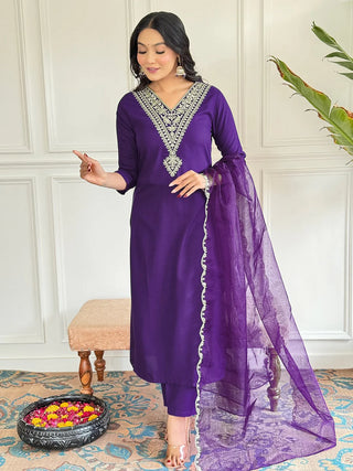 Purple Viscose Rayon Embroidered Suit Set with Organza Dupatta