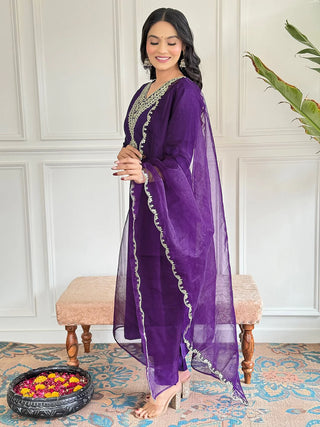 Purple Viscose Rayon Embroidered Suit Set with Organza Dupatta