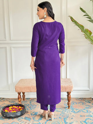 Purple Viscose Rayon Embroidered Suit Set with Organza Dupatta