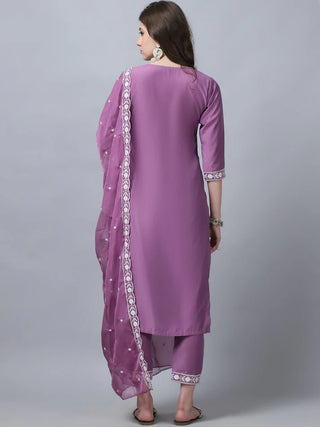 Purple Pure Silk Embroidered Straight Shape Suit Set with Chanderi Cotton Dupatta