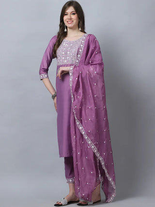 Purple Pure Silk Embroidered Straight Shape Suit Set with Chanderi Cotton Dupatta