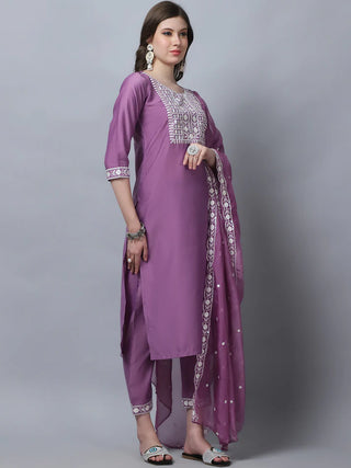 Purple Pure Silk Embroidered Straight Shape Suit Set with Chanderi Cotton Dupatta