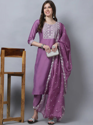 Purple Pure Silk Embroidered Straight Shape Suit Set with Chanderi Cotton Dupatta